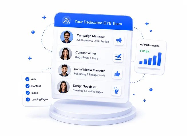 Your dedicated GYB team of campaign manager, content writer, social manager, and design specialist